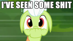 Size: 640x360 | Tagged: safe, granny smith, apple family reunion, g4, image macro, reaction image, scrunchy face