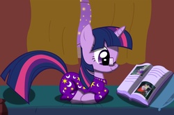Size: 1168x774 | Tagged: safe, artist:volt229, rarity, spike, twilight sparkle, g4, book, clothes, glasses, golden oaks library, lying down, pajamas, ponyloaf, prone, reading