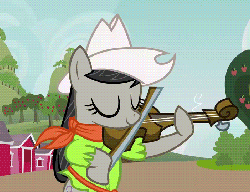Size: 702x540 | Tagged: safe, edit, edited screencap, screencap, octavia melody, earth pony, pony, apple family reunion, g4, animated, apple, apple family member, apple tree, bipedal, bush, clothes, cowboy hat, eyes closed, female, fiddle, hat, hoof hold, image macro, mare, musical instrument, outdoors, recolor, sash, scarf, shirt, smiling, solo, standing, stetson, sweet apple acres, text, tree