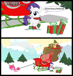 Size: 1500x1575 | Tagged: safe, artist:foxy-noxy, applejack, pinkie pie, rarity, reindeer, g4, boots, clothes, comic, female, filly, filly applejack, filly pinkie pie, filly rarity, present, scarf, sleigh, younger