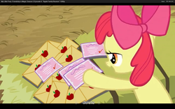 Size: 1680x1050 | Tagged: safe, screencap, apple bloom, earth pony, apple family reunion, g4, barn, hay, letter, solo, youtube caption