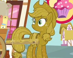 Size: 452x356 | Tagged: safe, screencap, applejack, earth pony, pony, apple family reunion, g4, season 3, cart, cropped, female, luster dust, mare, solo, surprised, wide eyes