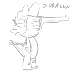 Size: 600x600 | Tagged: safe, artist:cheshiresdesires, spike, dragon, g4, dragun, gun, headcannon, male, pun, revolver, sketch, solo