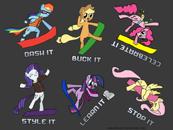 Size: 4840x3630 | Tagged: safe, artist:beaverblast, applejack, fluttershy, pinkie pie, rainbow dash, rarity, twilight sparkle, earth pony, pegasus, pony, unicorn, g4, clothes, female, goggles, mane six, mare, simple background, snowboard, snowboarding, ssx, varying degrees of amusement, winter outfit