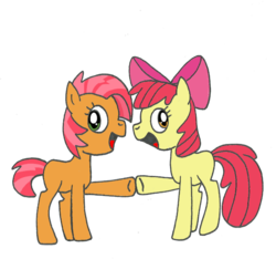 Size: 600x562 | Tagged: safe, artist:twitterfulpony, apple bloom, babs seed, earth pony, pony, g4, duo, duo female, female, filly, foal, hoofbump, looking at you, open mouth, open smile, simple background, smiling, transparent background