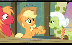 Size: 1680x1050 | Tagged: safe, screencap, applejack, big macintosh, granny smith, earth pony, pony, apple family reunion, g4, male, stallion, youtube caption