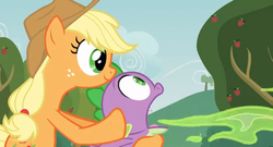 Size: 628x340 | Tagged: safe, screencap, applejack, spike, apple family reunion, g4