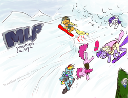 Size: 2820x2168 | Tagged: safe, artist:beaverblast, applejack, derpy hooves, fluttershy, pinkie pie, rainbow dash, rarity, twilight sparkle, earth pony, pegasus, pony, g4, avalanche, damn nature you scary, female, mare, snow, snowboard, snowboarding, ssx, tree