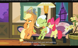 Size: 1680x1050 | Tagged: safe, screencap, apple bloom, applejack, granny smith, apple family reunion, g4, god, youtube caption