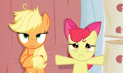 Size: 568x336 | Tagged: safe, edit, edited screencap, screencap, apple bloom, applejack, earth pony, pony, apple family reunion, g4, applecest, bed, female, filly, inverted mouth, lesbian, mare, on back, out of context, pillow, ship:bloomjack, shipping