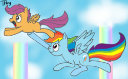 Size: 600x373 | Tagged: safe, artist:twitterfulpony, rainbow dash, scootaloo, pegasus, pony, g4, duo, duo female, female, flying, rainbow falls (location), scootalove