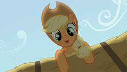 Size: 1269x717 | Tagged: safe, screencap, applejack, earth pony, pony, apple family reunion, g4, applejack's hat, cowboy hat, female, hat, hay bale, mare, open mouth, open smile, smiling, solo