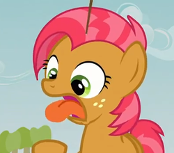 Size: 396x348 | Tagged: safe, screencap, babs seed, earth pony, pony, apple family reunion, g4, cropped, female, filly, tongue out