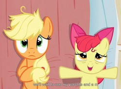 Size: 939x692 | Tagged: safe, edit, edited screencap, screencap, apple bloom, applejack, earth pony, pony, apple family reunion, g4, bed, caption, female, filly, mare, on back, out of context, pillow, youtube caption