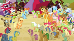 Size: 620x344 | Tagged: safe, screencap, apple bloom, apple cobbler, apple crumble, apple fritter, apple mint, apple rose, apple split, apple strudel, applejack, auntie applesauce, babs seed, bon bon, braeburn, bushel, carrot top, cherry berry, cloudchaser, dizzy twister, emerald green, fiddlesticks, gala appleby, golden harvest, granny smith, green gem, half baked apple, hayseed turnip truck, helia, hoss, kazooie (g4), liberty belle, linky, lucky clover, mr. greenhooves, orange swirl, pink lady, red delicious, red june, shoeshine, sweet tooth, sweetie drops, earth pony, pegasus, pony, apple family reunion, g4, apple bloom's bow, apple family member, applejack's hat, banjo, barn, bipedal, bow, braeburn's hat, cowboy hat, crowd shot, destroyed, eyes closed, female, filly, hair bow, harmonica, hat, male, mare, musical instrument, open mouth, stallion, sweet apple acres, unnamed character, unnamed pony, violin
