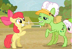 Size: 656x452 | Tagged: safe, screencap, apple bloom, auntie applesauce, sweet tooth, apple family reunion, g4, animated, apple family member, bipedal, dancing, female
