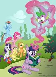 Size: 600x831 | Tagged: safe, artist:brenda hickey, applejack, fluttershy, pinkie pie, rainbow dash, rarity, spike, twilight sparkle, dragon, earth pony, pegasus, pony, unicorn, g4, female, levitation, magic, male, mane seven, mane six, mare, spike is not amused, telekinesis, unamused, unicorn twilight, wingless spike