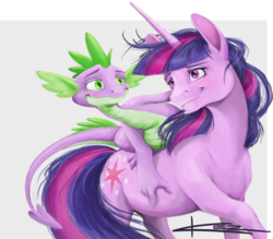 Size: 900x787 | Tagged: safe, artist:kez, spike, twilight sparkle, dragon, pony, unicorn, g4, dragons riding ponies, female, male, mare, riding