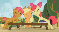Size: 851x466 | Tagged: safe, screencap, apple bloom, applejack, babs seed, apple family reunion, g4, ^^, eyes closed, grin, perspective