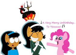 Size: 1051x761 | Tagged: safe, artist:blackrobtheruthless, pinkie pie, oc, earth pony, pony, snake, g4, crossover, crown, jewelry, kitty katswell, looking up, music notes, non-mlp oc, regalia, simple background, tuff puppy, white background
