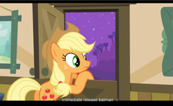 Size: 1680x1028 | Tagged: safe, screencap, applejack, apple family reunion, g4, batman, youtube caption