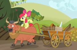 Size: 412x268 | Tagged: safe, screencap, apple bloom, bull, earth pony, pony, apple family reunion, g4, adorabloom, cart, cloven hooves, cute, duo, female, filly, foal, male, ponies riding bulls, riding