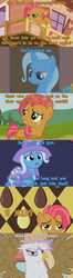 Size: 500x1900 | Tagged: safe, edit, edited screencap, screencap, babs seed, gilda, trixie, earth pony, griffon, pony, unicorn, apple family reunion, boast busters, g4, griffon the brush off, magic duel, one bad apple, comic, cropped, female, filly, foal, hilarious in hindsight, mare, screencap comic