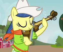 Size: 396x328 | Tagged: safe, screencap, fiddlesticks, earth pony, pony, apple family reunion, g4, season 3, apple family member, background pony, clothes, cowboy hat, cropped, eyes closed, female, hat, mare, musical instrument, shirt, solo, stetson, violin