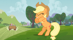 Size: 852x470 | Tagged: safe, screencap, applejack, apple family reunion, g4, my little pony: friendship is magic, bipedal, evil smile, grinding, laughing, pure unfiltered evil