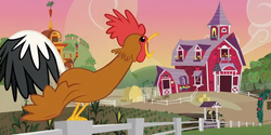 Size: 600x300 | Tagged: safe, screencap, bird, apple family reunion, g4, ambiguous gender, applejack's house, crowing, giant cock, male, morning, open beak, rooster, solo, sweet apple acres