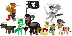 Size: 1253x638 | Tagged: safe, artist:blackrobtheruthless, oc, oc only, oc:bruiser, oc:captain tempest, oc:dawn glisten, oc:flintlock, oc:green grove, oc:monochrome bolt, oc:scunge, oc:thornton, alicorn, dragon, earth pony, pegasus, pony, unicorn, amputee, hilarious in hindsight, ice age, ice age 4: continental drift, peg leg, pirate, prosthetic leg, prosthetic limb, prosthetics