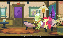Size: 1680x1028 | Tagged: safe, edit, edited screencap, screencap, apple bloom, granny smith, pony, apple family reunion, g4, female, filly, foal, letterboxing, mare, sitting, youtube caption