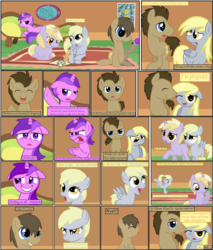 Size: 1490x1749 | Tagged: safe, artist:starryoak, amethyst star, derpy hooves, dinky hooves, dj whooves, doctor whooves, sparkler, time turner, earth pony, pegasus, pony, unicorn, g4, baby, comic, couch, dizzy hooves, equestria's best family, female, male, mare, prone, ship:doctorderpy, shipping, straight