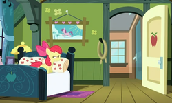 Size: 568x340 | Tagged: safe, screencap, apple bloom, earth pony, pony, apple family reunion, g4, my little pony: friendship is magic, bed, door, doorway, female, filly, solo