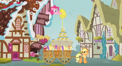 Size: 580x316 | Tagged: safe, screencap, applejack, pinkie pie, bee, earth pony, pony, apple family reunion, g4, my little pony: friendship is magic, beehive, female, food, honey, mare