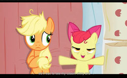 Size: 1680x1028 | Tagged: safe, edit, edited screencap, screencap, apple bloom, applejack, earth pony, pony, apple family reunion, g4, bed, caption, female, filly, letterboxing, lidded eyes, mare, on back, pillow, youtube caption