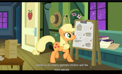 Size: 1680x1028 | Tagged: safe, screencap, applejack, apple family reunion, g4, bill clinton, letterboxing, youtube caption