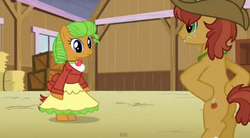 Size: 844x466 | Tagged: safe, screencap, apple twirl, half baked apple, earth pony, pony, apple family reunion, g4, my little pony: friendship is magic, apple family member, bipedal, clothes, cute, dress, duo, female, male, mare, raise this barn, stallion, standing