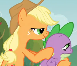 Size: 404x348 | Tagged: safe, screencap, applejack, spike, dragon, earth pony, pony, apple family reunion, g4, animation error, cropped, female, lidded eyes, male, mare, mid-blink screencap