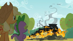 Size: 616x348 | Tagged: safe, screencap, applejack, spike, apple family reunion, g4, fire