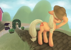 Size: 1200x848 | Tagged: safe, artist:crystalsonatica, applejack, earth pony, pony, g4, eyes closed, female, sad, solo, sweet apple acres