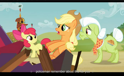 Size: 1680x1028 | Tagged: safe, screencap, apple bloom, applejack, granny smith, apple family reunion, g4, letterboxing, youtube caption