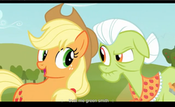 Size: 1680x1028 | Tagged: safe, screencap, applejack, granny smith, apple family reunion, g4, letterboxing, youtube caption