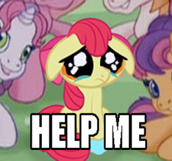 Size: 421x393 | Tagged: safe, apple bloom, pinkie pie (g3), scootaloo (g3), sweetie belle (g3), toola-roola, g3, g3.5, g4, crying, g3 hate, image macro