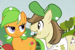 Size: 496x332 | Tagged: safe, screencap, apple leaves, candy apples, hayseed turnip truck, earth pony, pony, apple family reunion, g4, apple family member, background pony, baseball cap, bucktooth, cap, duo, female, hat, lidded eyes, male, mare, open mouth, out of context, stallion