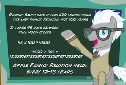 Size: 626x421 | Tagged: safe, apple family reunion, g4, chalkboard, clothes, fuzzy math, glasses, math, raised hoof, solo