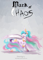 Size: 850x1202 | Tagged: safe, artist:stepandy, princess celestia, pony, comic:mark of chaos, g4, blackletter, comic, cover, female, solo, windswept mane
