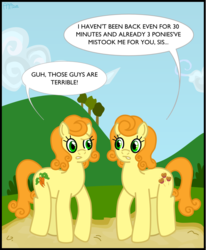 Size: 1483x1800 | Tagged: safe, artist:puu-aj-chan, caramel apple, carrot top, golden harvest, earth pony, pony, g4, cloud, comparison, duo, duo female, female, mare, siblings, sisters, tree