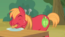 Size: 388x224 | Tagged: safe, screencap, big macintosh, earth pony, pony, apple family reunion, g4, my little pony: friendship is magic, apple fritter (food), eating, male, stallion