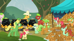 Size: 604x336 | Tagged: safe, screencap, apple brown betty, apple cinnamon, apple dumpling, apple leaves, apple mint, bushel, candy apples, hoss, liberty belle, red gala, wensley, earth pony, pony, apple family reunion, g4, apple family member, apple fritter (food), background pony, cauldron, cooking, female, filly, foal, food, male, mare, stallion